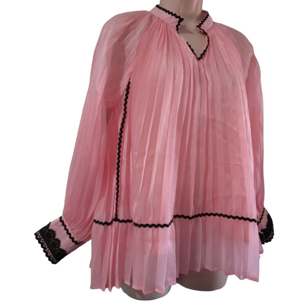 VGU Pink Accordion Pleated Swing Blouse Black RicRac Lace Vintage Style Med EUC - Picture 1 of 15